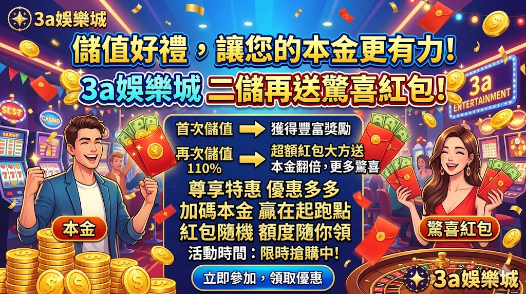 儲值好禮,讓您的本金更有力，3a娛樂城 二儲再送驚喜紅包。